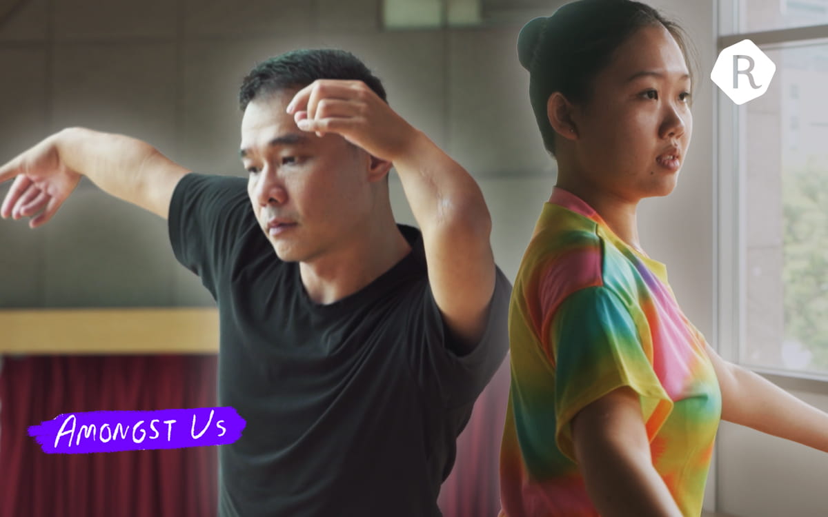 Thumbnail for 'Look at My Dance, Not My Disability,' featuring dancers Tung Ka Wai and Germaine Goh. Tung is in a black shirt mid-movement, and Germaine in a tie-dye shirt near a window. The text 'Amongst Us' appears in a purple box, with the RICE media logo in the corner.